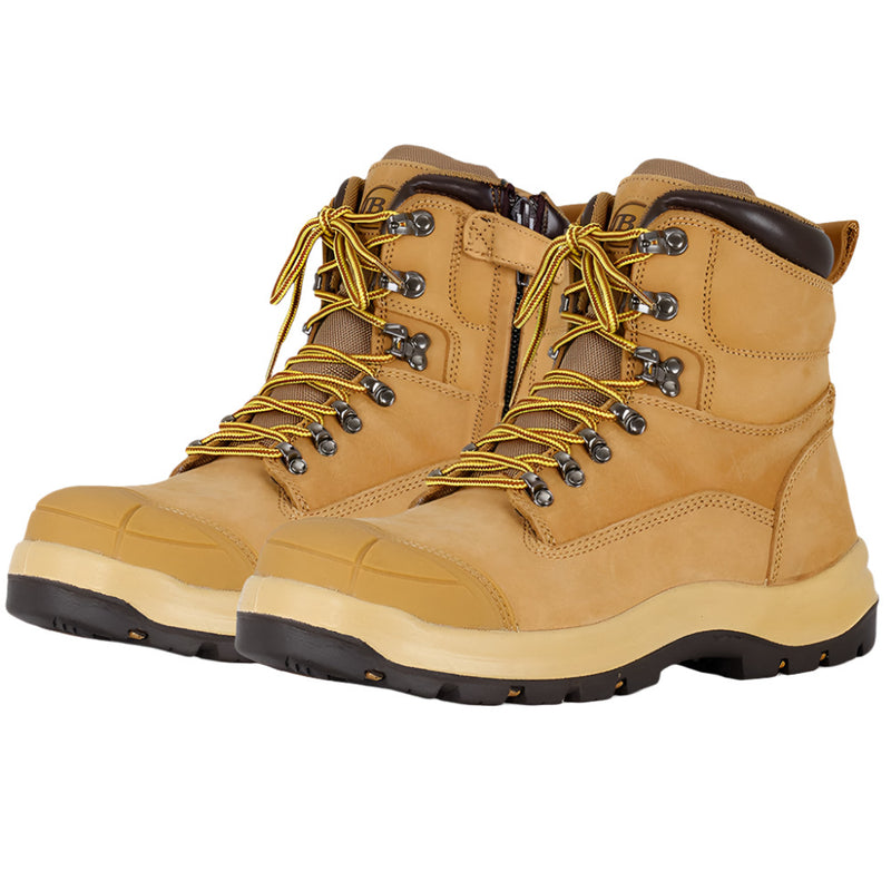 Load image into Gallery viewer, JB's Zip Side Safety Boots, Wheat, feature durable yellow laces and a robust design with a composite toe cap and TPU toe cover, ideal for workplace safety and comfort.