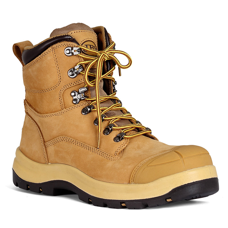 Load image into Gallery viewer, JB's Zip Side Safety Boots, Wheat, featuring a brown suede exterior with yellow lace-up design. Highlighting a composite toe cap and TPU cover, these boots are crafted for safety and durability.
