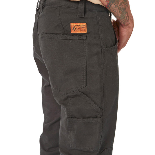 Volcom Workwear Caliper Pant featuring a close-up of the dual entry cargo pocket and durable fabric, highlighting its utility design for active work environments.