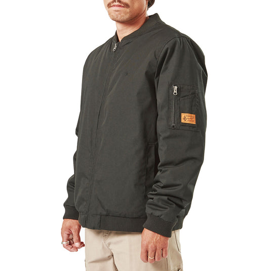 Volcom Workwear Water Resistant Bomber Jacket featuring a zipper sleeve pocket and brushed tricot lining, designed for durability and style, ideal for active and safety-focused environments.