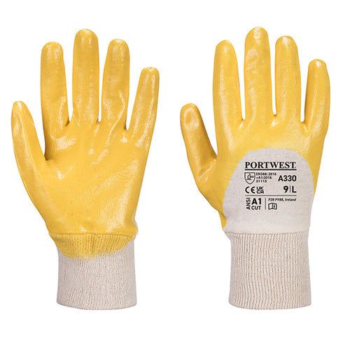Portwest Yellow Nitrile Light Knitwrist Glove displayed on a white background, showcasing its smooth nitrile coating and open back design for ventilation, ideal for precise, high-dexterity tasks in safety-focused settings.
