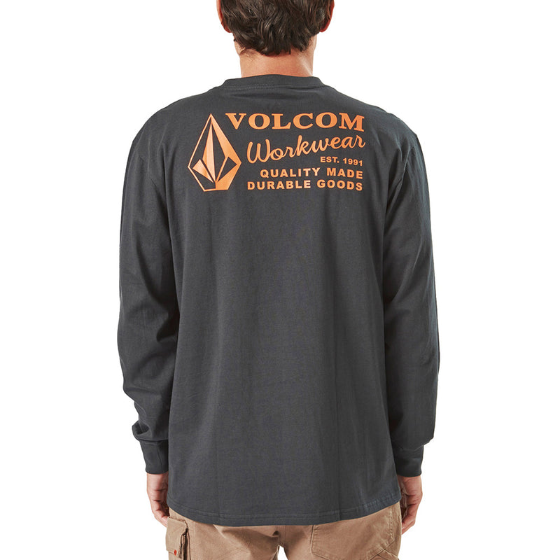 Load image into Gallery viewer, Volcom Workwear Long Sleeve Tee featuring orange text, crafted from 100% organic cotton, highlighting modern fit and durability. Ideal for active wear, reflecting the essence of creative liberation in workwear.