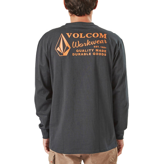 Volcom Workwear Long Sleeve Tee featuring orange text, crafted from 100% organic cotton, highlighting modern fit and durability. Ideal for active wear, reflecting the essence of creative liberation in workwear.