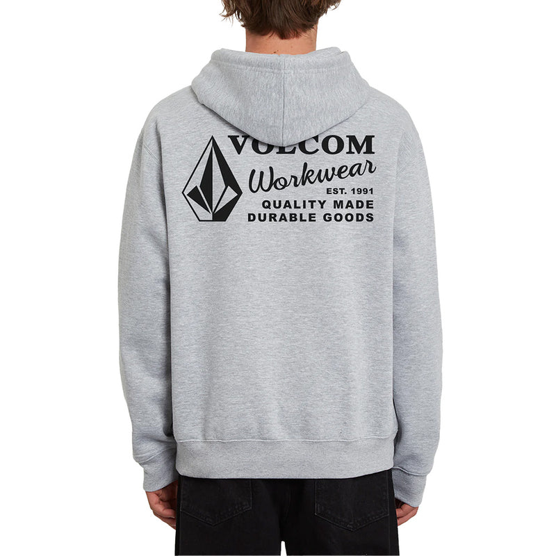 Load image into Gallery viewer, Volcom Workwear Pullover Fleece Hoodie worn by a person, featuring a black diamond logo and black text on the front, showcasing its durable design and lined hood, ideal for active work environments.