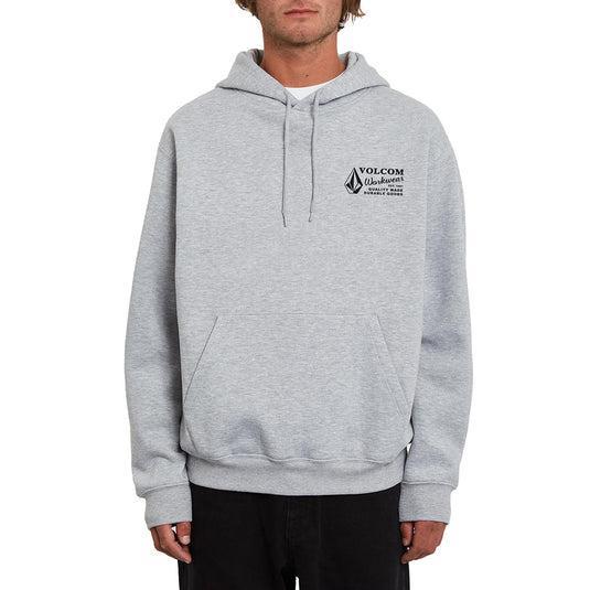 Volcom Workwear Pullover Fleece Hoodie features a durable, heavy-weight fleece design with lined hood, soft hand screen print, and front joey pocket, ideal for active work environments.