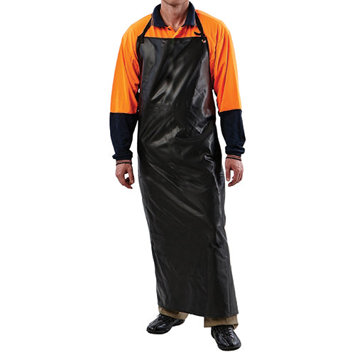Man wearing the Pro PVC Apron: Black, designed for durability and flexibility. This long PVC apron resists blood, animal oils, and fats, providing excellent abrasion and some chemical resistance, ideal for safety-focused environments.