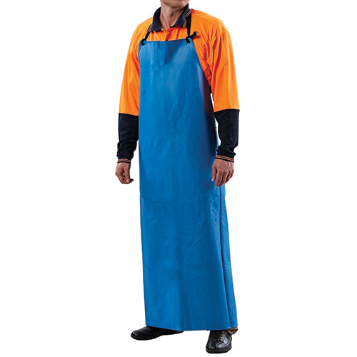 Pro PVC Apron: Blue, worn by a man, demonstrates durability and flexibility. Ideal for safety, it's resistant to blood, animal oils, and fats, aligning with Active Safety's commitment to workplace protection.