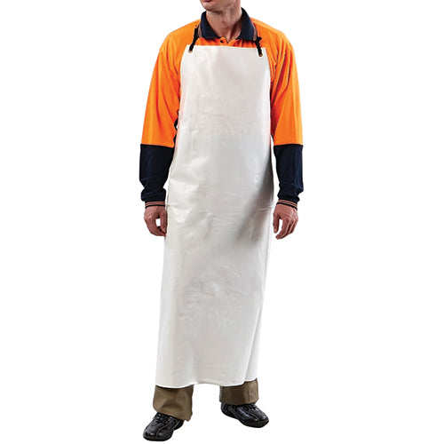 Man wearing the Pro PVC Apron: White, showcasing its protective and durable design. Ideal for resistance to blood, animal oils, and chemicals, this apron is flexible, lightweight, and fits all sizes.
