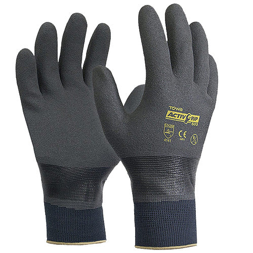 Esko Towa Activgrip 503 Full Dip Gloves featuring a seamless design and MicroFinish® nitrile coating, suitable for mechanical hazard protection, enhancing grip and comfort in various work environments.