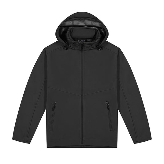 Aspiring Soft Shell Jacket: A versatile, elongated jacket featuring a fold-away hood, windproof and water-resistant softshell material, fleece lining for warmth, and YKK zippers, ideal for active safety wear.