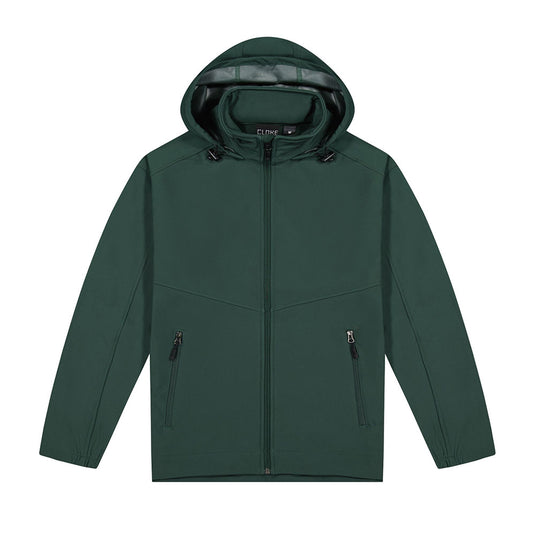 Aspiring Soft Shell Jacket featuring a windproof, water-resistant, and breathable design with fleece lining, YKK zips, fold-away hood, zippered hand pockets, and adjustable waist for versatile and durable protection.