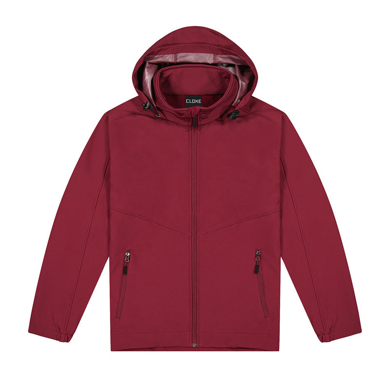 Load image into Gallery viewer, Aspiring Soft Shell Jacket featuring a fold-away hood, zippered hand pockets, and adjustable waist. Windproof and water-resistant, it combines sleek design with practical features, ideal for versatile outerwear needs.