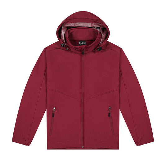 Aspiring Soft Shell Jacket featuring a fold-away hood, zippered hand pockets, and adjustable waist. Windproof and water-resistant, it combines sleek design with practical features, ideal for versatile outerwear needs.