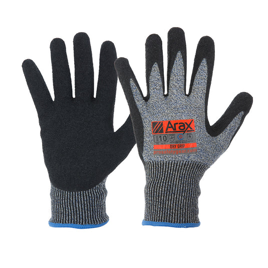 Arax Dry Grip Cut C Latex Dip Palm Glove with a crinkle textured finish for enhanced grip, featuring a label. Ideal for handling sharp materials in medium to heavy-duty industries.