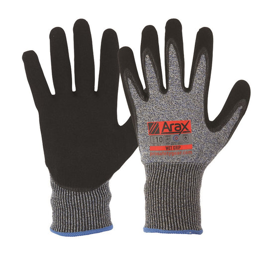 Arax Wet Grip Cut D Glove, featuring black and grey design, showcases enhanced dexterity and grip with a sand-finished nitrile dip, ideal for automotive and construction settings.