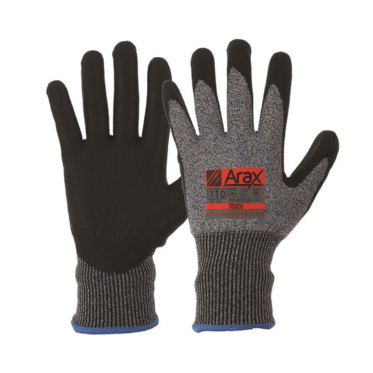 Arax Touch Cut C Glove with a black polyurethane dip and logo, designed for dexterity and comfort, ideal for safety applications requiring cut protection.