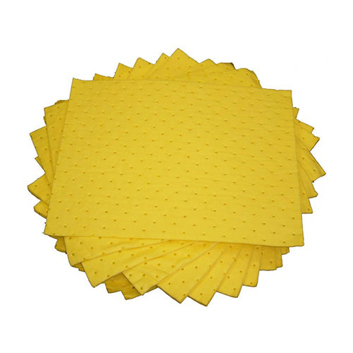 SpillTech Chemical Absorbent Pads 400g: Carton/100 displayed as a neat stack, showcasing their large surface area and dimpled texture, ideal for efficient cleanup of chemical spills.