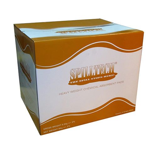 SpillTech Chemical Absorbent Pads 400g: Carton/100, shown as a close-up of a cardboard box with a label, designed for efficient spill management of chemicals, ideal for safety-conscious workplaces.