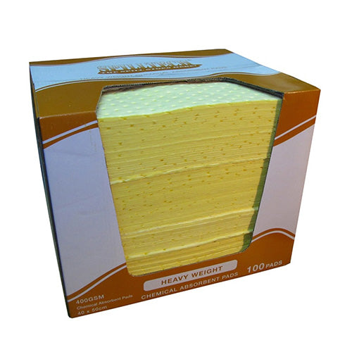Load image into Gallery viewer, SpillTech Chemical Absorbent Pads 400g: Carton/100 shown in a box with a perforated opening for easy dispensing, designed for effective spill management of aggressive chemicals, ideal for workplace safety environments.