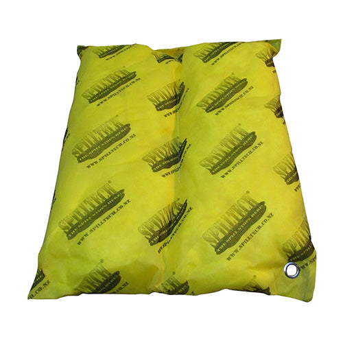 SpillTech Chemical Absorbent Pillow designed for various liquids, featuring a yellow surface with black designs and an eyelet for tethering, ideal for placing under leaking machinery.