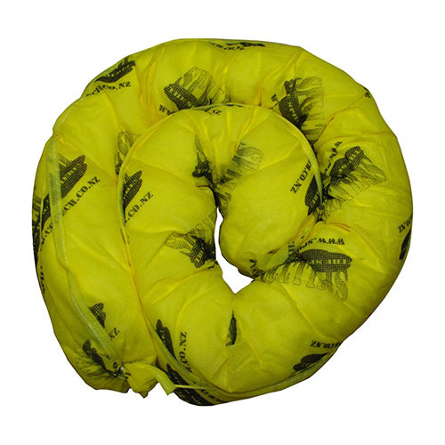SpillTech Chemical Absorbent Sock 1.2M, a yellow puffy blanket-like sock designed to contain chemical spills, visible rolled up, showcasing its durable polypropylene material suitable for aggressive substances. Ideal for workplace safety.