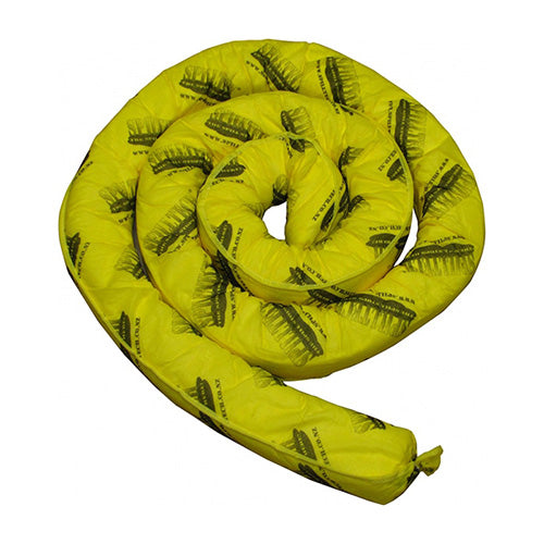 SpillTech Chemical Absorbent Sock 3m, shown as a yellow roll, effectively contains chemical spills, preventing spread. Designed for aggressive chemicals, this polypropylene sock absorbs up to 13L, ideal for safety-focused environments.