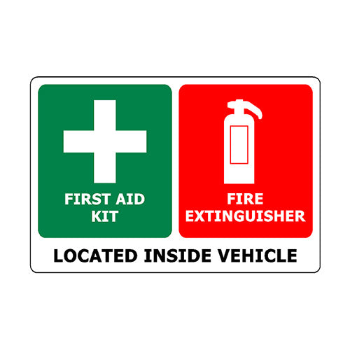 First Aid/Fire Extinguisher Combo Sticker for Vehicles: A self-adhesive vinyl sticker featuring a green cross and red extinguisher symbol, ideal for enhancing vehicle safety identification. Size: 170mm x 115mm.