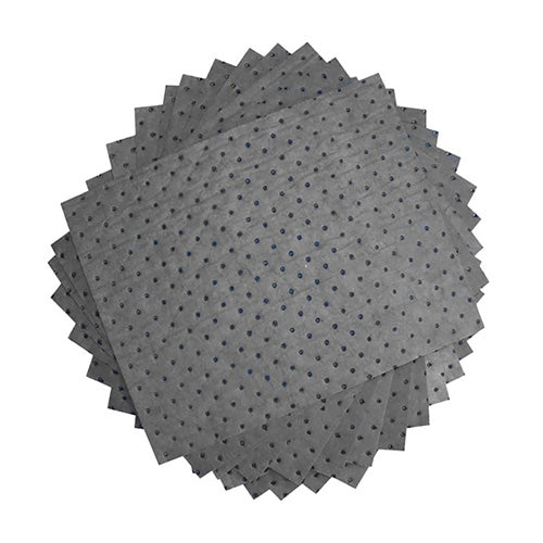 SpillTech Universal Pads 400g: Carton/100, shown as a stack of grey absorbent pads with blue dots. Designed for efficient liquid absorption, ideal for safety and workplace use, enhancing spill management.