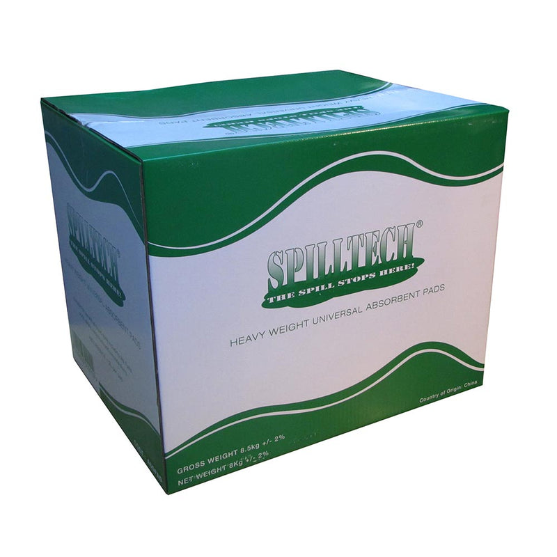 Load image into Gallery viewer, SpillTech Universal Pads 400g: Carton/100, showcased in a green and white packaging. Designed for efficient liquid absorption, with a perforated opening for easy dispensing, ideal for workplace safety environments.