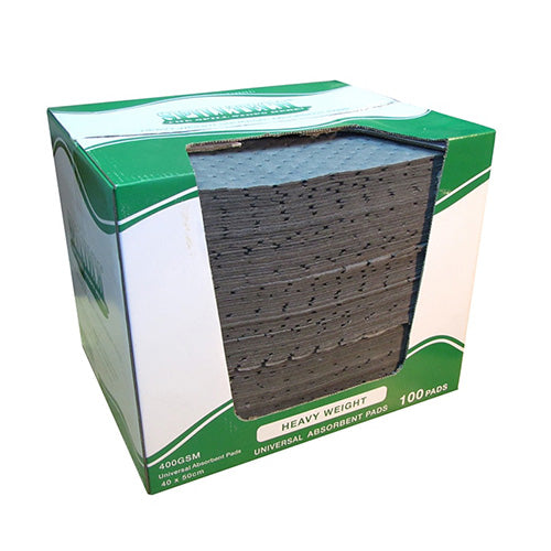 SpillTech Universal Pads 400g: Carton/100 displayed in a desktop dispenser box, ideal for absorbing various liquid spills, including oils and chemicals. Each pad holds up to 1.2L for efficient cleanup.