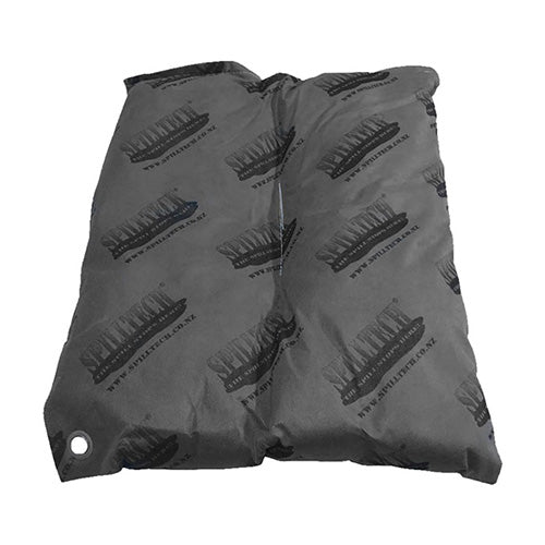 SpillTech Universal Absorbent Pillow features a grey design with a subtle ship logo, ideal for placing under leaking machinery to absorb up to 7.2 liters of various spills efficiently.