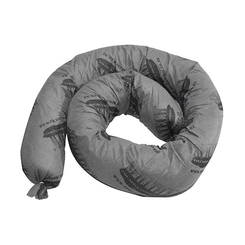 SpillTech Universal Absorbent Sock: 1.2m, a grey polypropylene tube-shaped pillow designed to contain liquid spills, ideal for workplace safety. Suitable for surrounding spills or drains, absorbing up to 5.2L.