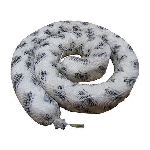 SpillTech Floating Oil Absorbent Boom 3m x 12.7cm, featuring D-rings and clips for connectivity, designed to contain and absorb oil spills on water, ideal for safety and environmental protection in workplace settings.