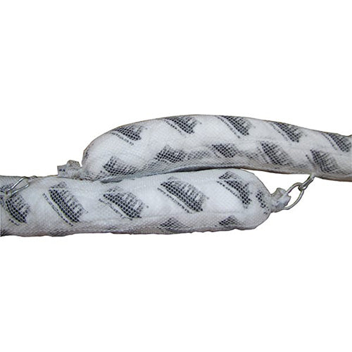 SpillTech Floating Oil Absorbent Boom 3m x 12.7cm, featuring a close-up of its D-ring and mesh design, ideal for containing oil spills on water.