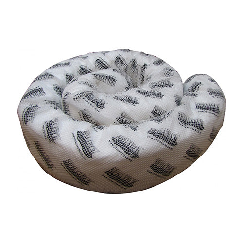 SpillTech Floating Absorbent Oil Boom 3m x 20cm, designed for containing oil spills on water. The image shows a white material roll with D-rings and clips for connecting multiple booms, ideal for safety applications.
