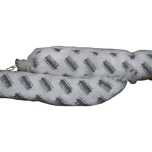 SpillTech Floating Absorbent Oil Boom 3m x 20cm, featuring white mesh design with connecting clips, ideal for containing oil spills on water. Perfect for safety and environmental protection applications.