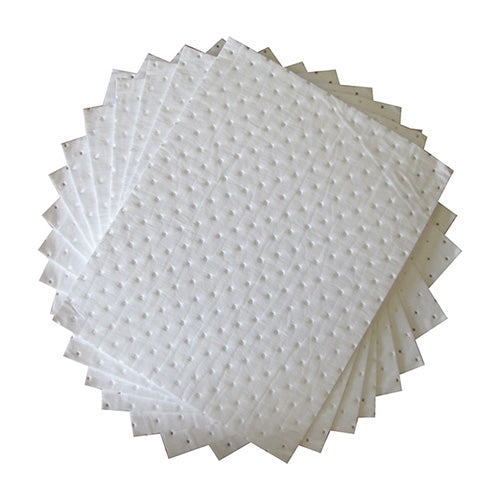 SpillTech Absorbent Oil Pad 200g: Carton/200 displayed as a stack of white pads, designed to repel water and absorb hydrocarbons efficiently, ideal for workplace safety needs.