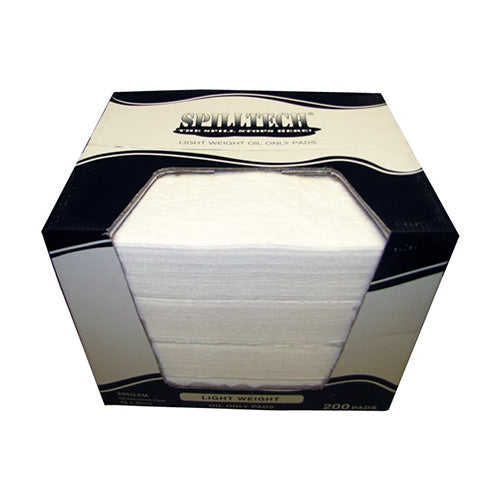 SpillTech Absorbent Oil Pad 200g: Carton/200, packaged for easy dispensing. Designed for rapid hydrocarbon absorption while repelling water, ideal for safety and efficiency in workplace environments.