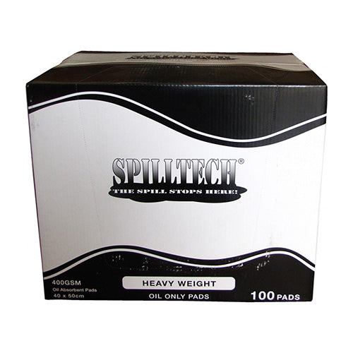 SpillTech Absorbent Oil Pad 400g: Carton/100, featuring a black and white box design with perforated opening for easy dispensing, suitable for efficiently absorbing hydrocarbons, ideal for workplace safety.