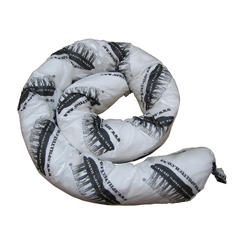 SpillTech Oil Absorbent Sock: 1.2m is shown rolled up, ideal for containing oil, petrol, and diesel spills. Designed for hydrocarbon spill containment, it absorbs up to 6L, suitable for workplace safety.