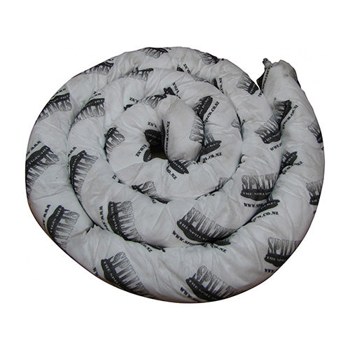 SpillTech Oil Absorbent Sock: 3m, shown rolled up on a white background, designed to contain hydrocarbon spills. Ideal for workplace safety, it absorbs up to 15 liters, measuring 3m in length and 7cm in diameter.