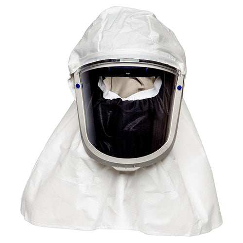 3M Versaflo Spray Painters Kit (ALVM-106E) showcasing a white protective mask with integrated high impact face shield, worn with a white protective suit, emphasizing comprehensive safety gear for respiratory, eye, and face protection.