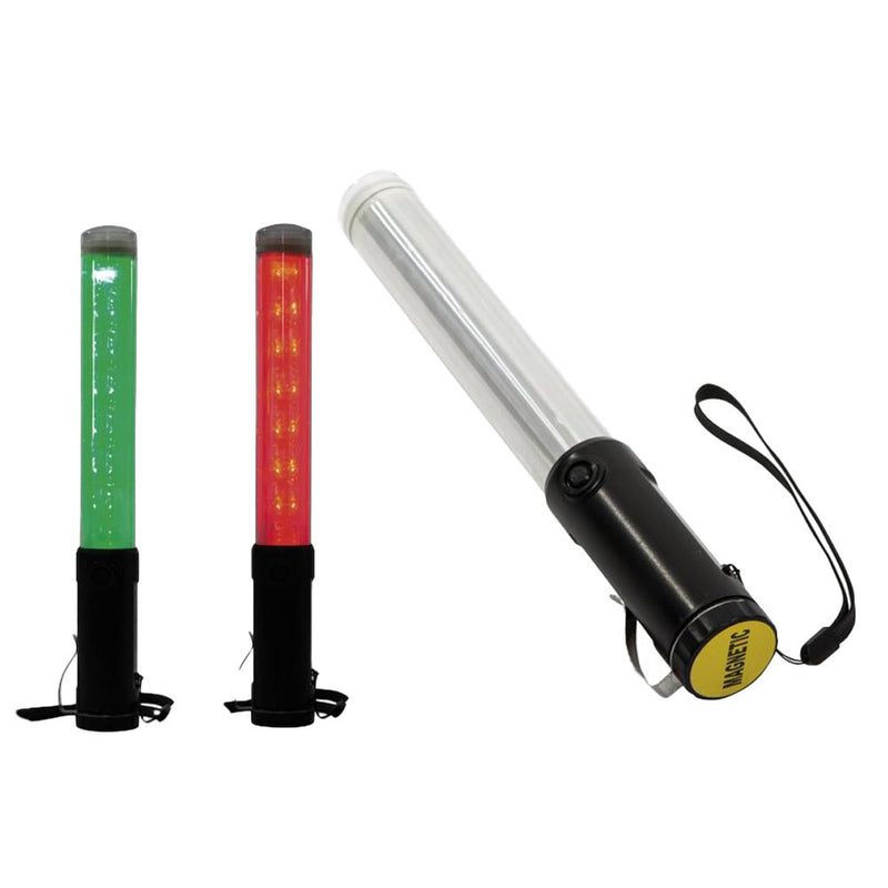 Load image into Gallery viewer, Traffic Signalling LED Night Wand: Red/Green, featuring a robust black grip with wrist-strap, magnetic base for metal attachment, and versatile modes for directing traffic or crowds efficiently. Ideal for safety management.