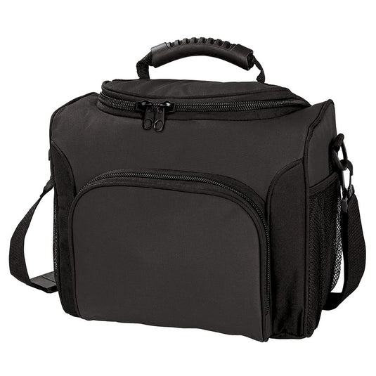 Ultimate Cooler Bag with 600D polyester features a double zip U-shaped opening, elastic mesh pockets, a large front pocket, and adjustable strap, ideal for holding 12 bottles, enhancing workplace convenience.