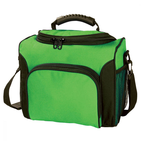 Ultimate Cooler Bag with a sturdy rubber handle, adjustable shoulder strap, and large front pocket, designed to hold 12 bottles. Ideal for carrying refreshments safely and conveniently, perfect for active lifestyles.