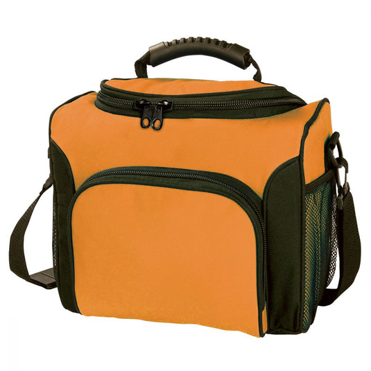 Ultimate Cooler Bag featuring a durable 600D polyester exterior, double zip U-shaped opening, heavy-duty rubber handle, elastic mesh pockets, and adjustable shoulder strap. Holds 12 bottles, ideal for workplace use.