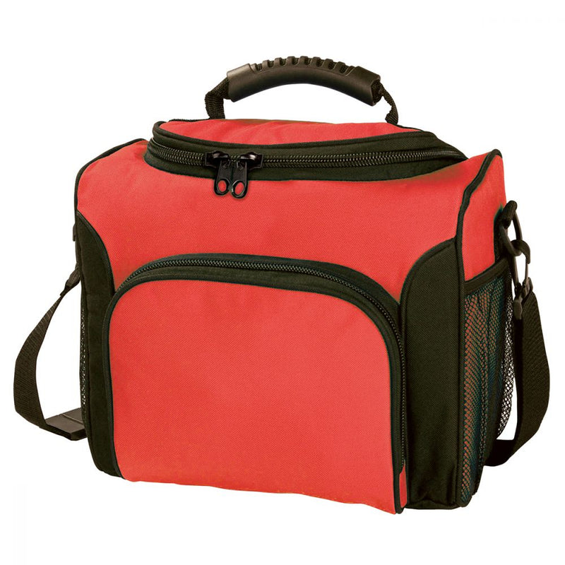 Load image into Gallery viewer, Ultimate Cooler Bag with durable 600D polyester, featuring a double zip U-shaped opening, elastic mesh pockets, rubber handle, large front pocket, and adjustable strap, holding 12 bottles, ideal for workplace safety environments.
