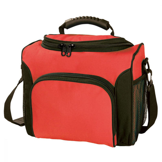 Ultimate Cooler Bag with durable 600D polyester, featuring a double zip U-shaped opening, elastic mesh pockets, rubber handle, large front pocket, and adjustable strap, holding 12 bottles, ideal for workplace safety environments.