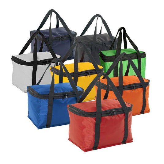 CoolMax Cooler with an 11-litre capacity, featuring a durable 420D polyester with PVC backing, double zip lid, insulated interior, and long webbing handles, ideal for picnics or outdoor activities.