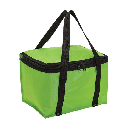 CoolMax Cooler with a capacity of 11 litres, featuring an insulated interior, double zip lid, and long webbing handles, ideal for carrying up to 10 standard 330ml bottles.